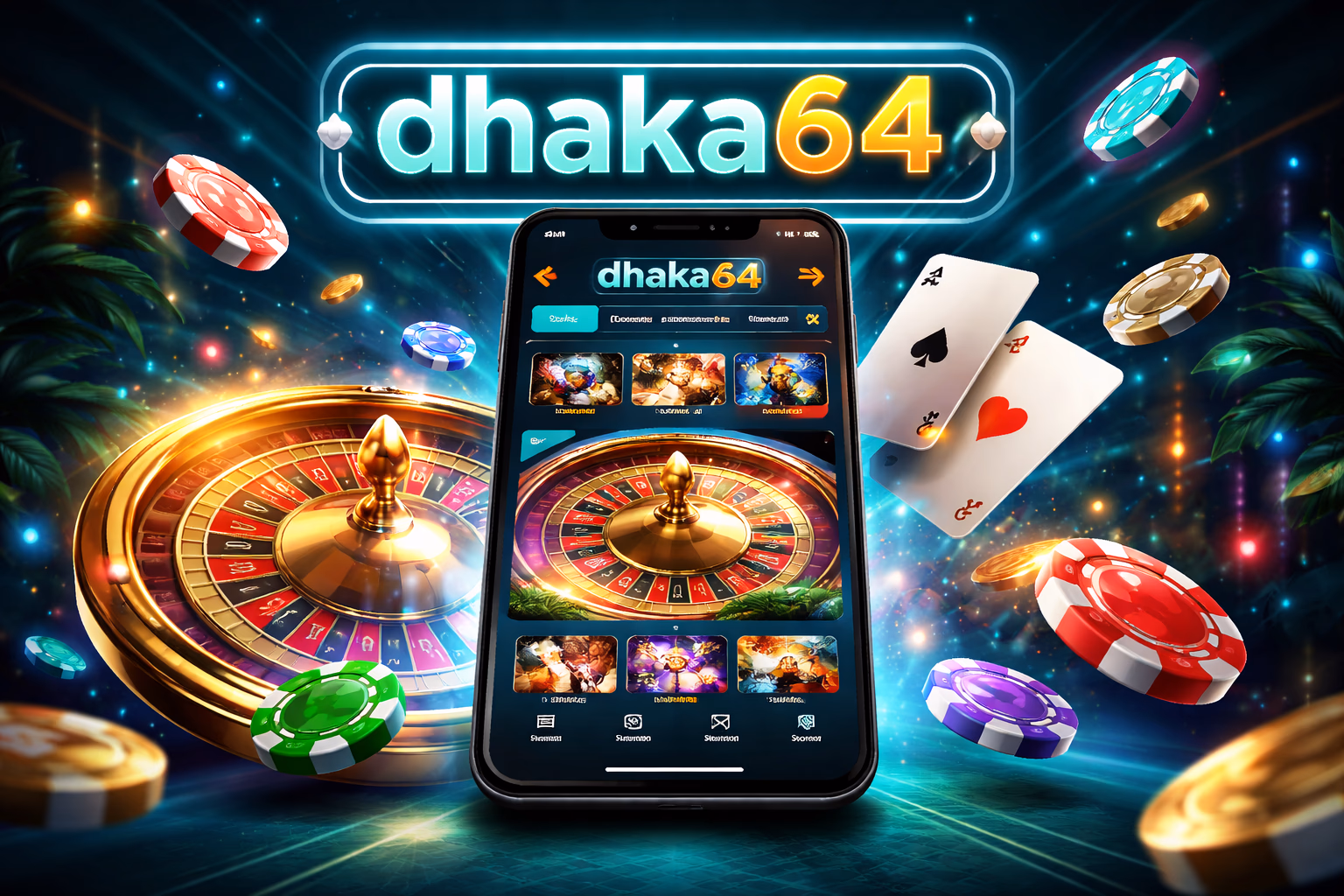 Focused mobile player exploring the dhaka64 gaming app on a smartphone with vibrant chips and cards displayed on screen