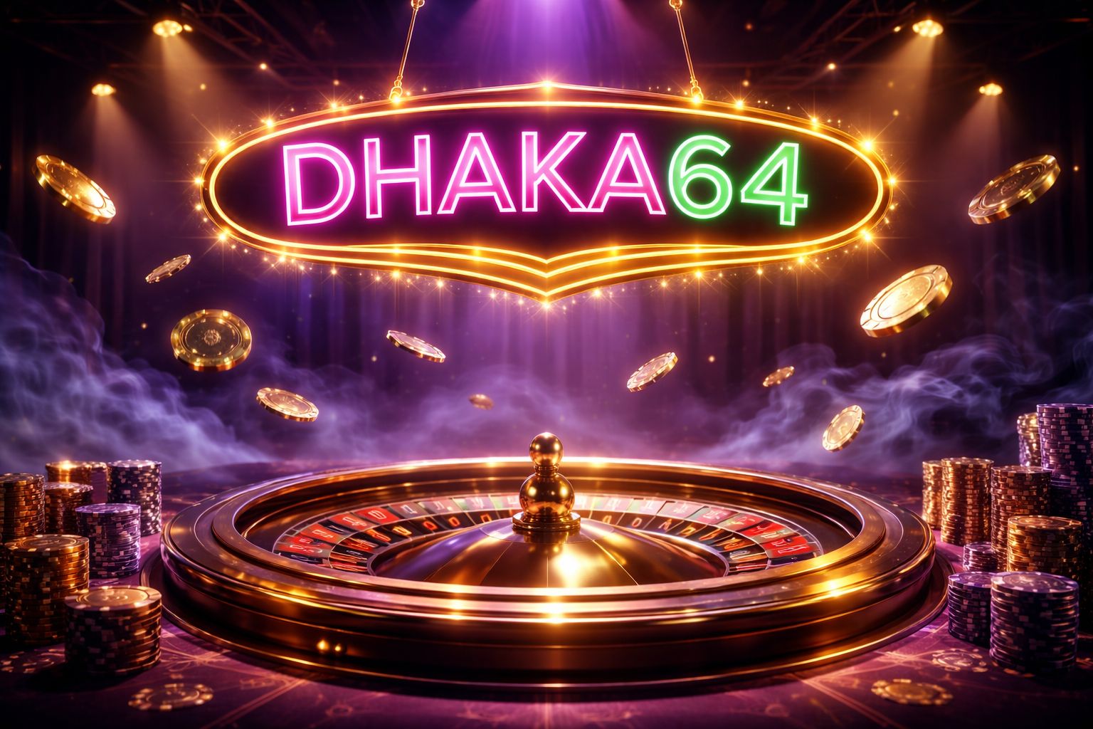 Glowing dhaka64 neon sign above a virtual roulette wheel with floating chips representing premium casino entertainment in Bangladesh
