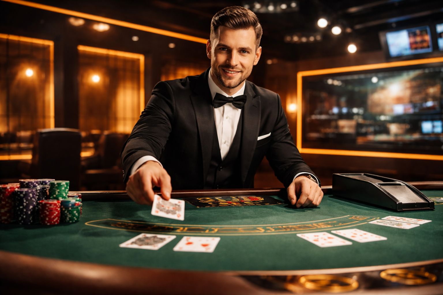 Professional croupier in formal attire dealing cards at an elegant blackjack table with warm golden lighting inside the dhaka64 studio