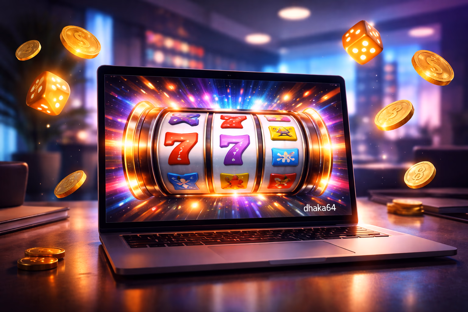 Modern computer screen showing the dhaka64 crash multiplier game with vibrant chips and glowing wheel graphics